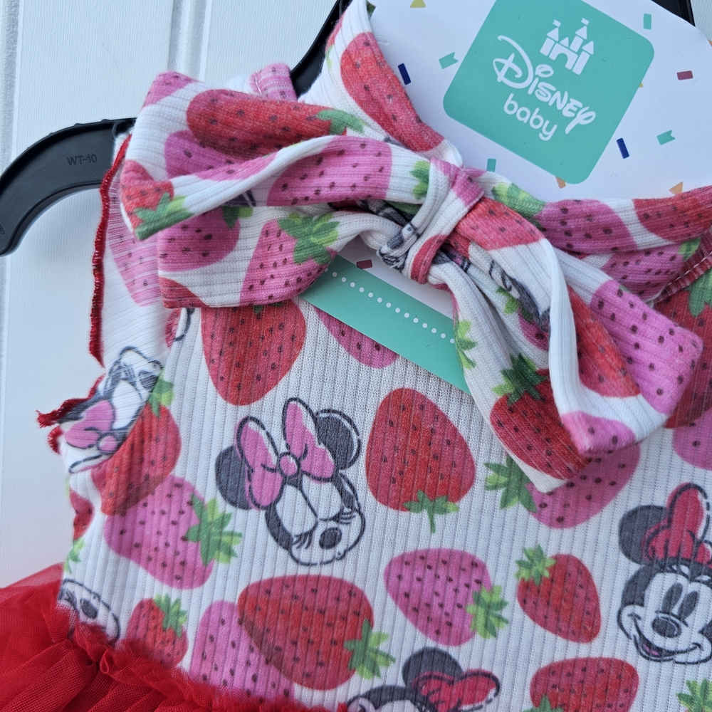 NEW Disney Baby Minnie Mouse Red Pink Strawberry Romper W/ headband 24 Months - Picture 2 of 3
